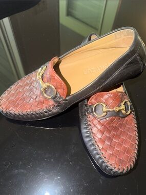 Robert Zur Black & Brown Woven Leather Loafers with Gold Horsebit